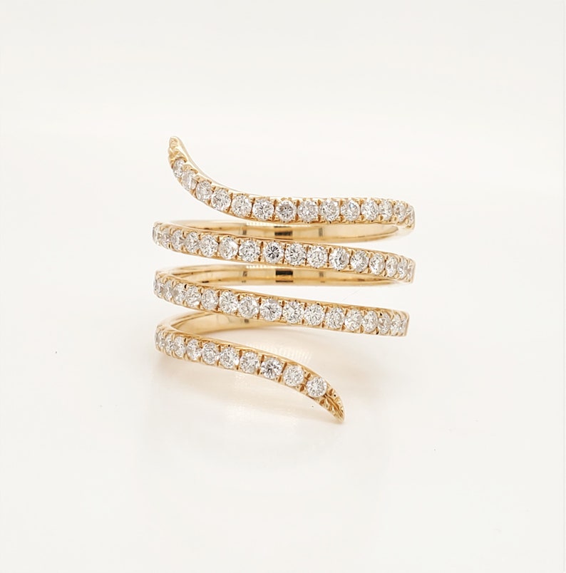 14K Solid Gold Wrap Diamond Ring | Pave Diamond Band | Spiral Open Gold Ring | Stackable Gold Ring for Women | Elegant Jewelry Gift for Her