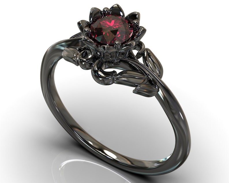 Flower Engagement Ring With Ruby / Black Gold Engagement Ring / Unique Ruby Ring / Nature Inspired Ring / Leaf Design Ring / Flower Ring